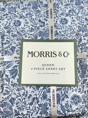 The Original Morris & Co. 4 Pc Queen Sheet Set Luxury Cotton Blue White Floral